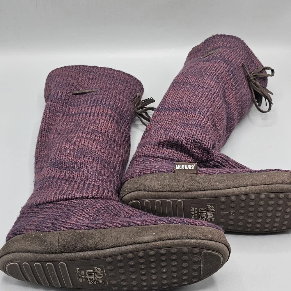 Muk Luks Tall Purple Knit Boots Slippers Winter Faux Fur Womens Size 9/10 Large